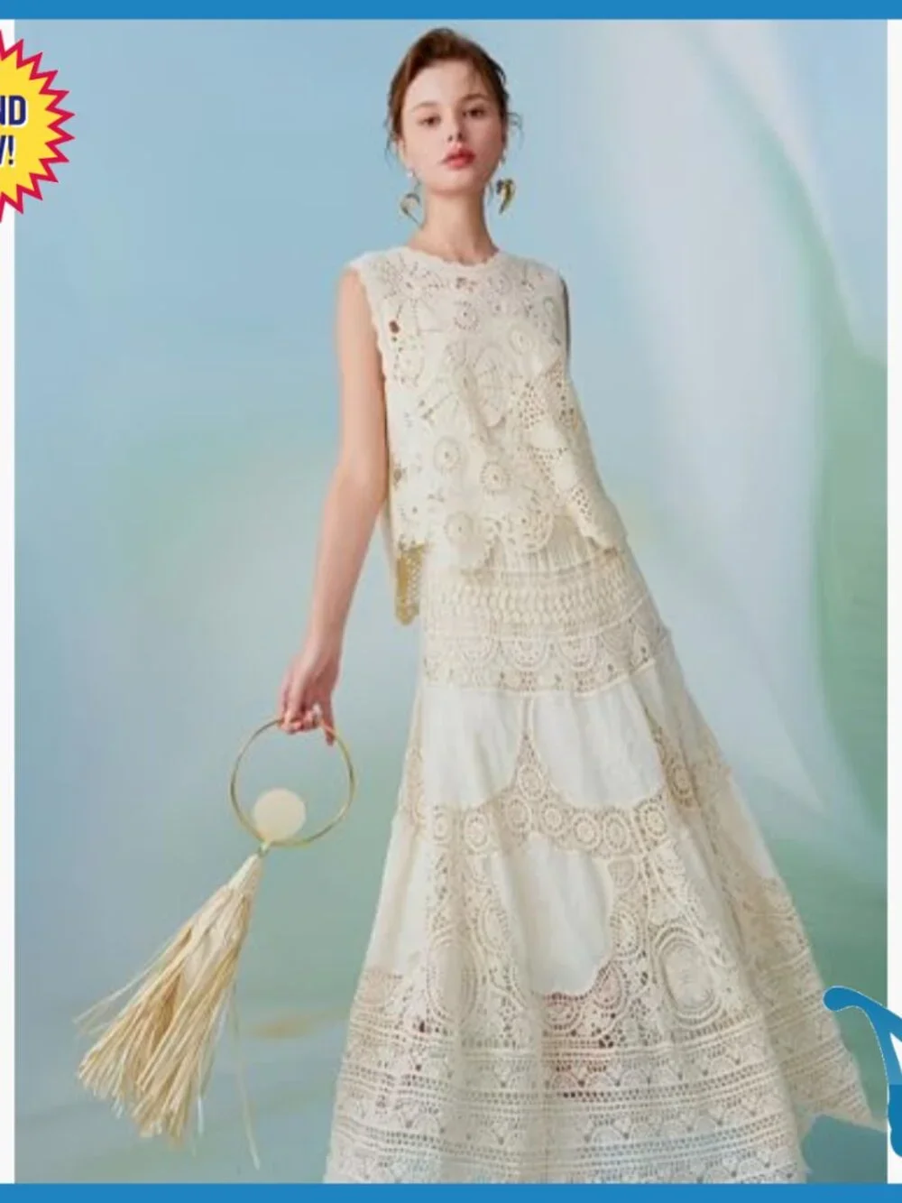 Crochet Maxi Skirt High Waist A-Line Floral Eyelet Lace Beach Cover Up - Picture 2 of 7